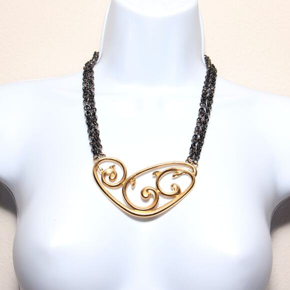 Vintage 80s Yves Saint Laurent Vermeil Gold & Gunmetal Necklace Limited Edition - Picture 1 of 6